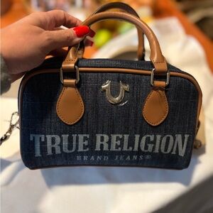 True Religion Blue and Tan Satchel